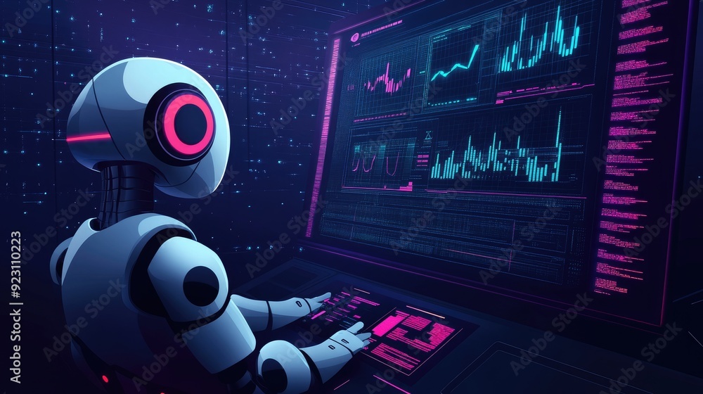 Poster ai concept in 2d illustration, featuring a robot analyzing data on a digital screen. clean and moder