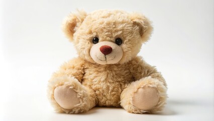 Obraz premium Adorable plush teddy bear sits alone on a creamy white background, its soft fur and endearing facial expression evoking a sense of innocence and warmth.