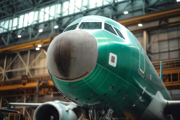 Obraz premium Green Aircraft Nose in Large Warehouse Hangar with Industrial Background