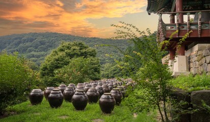 Jars neatly arranged in a Korean forest temple
