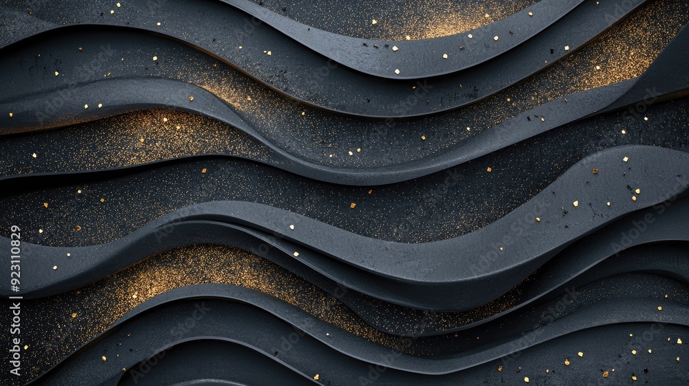 Poster Black paper layers with 3D geometric cuts and golden glittering elements, creating a modern and textured abstract background for creative projects.