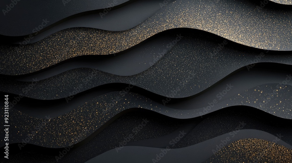 Poster Black paper layers with 3D geometric cuts and golden glittering elements, creating a modern and textured abstract background for creative projects.