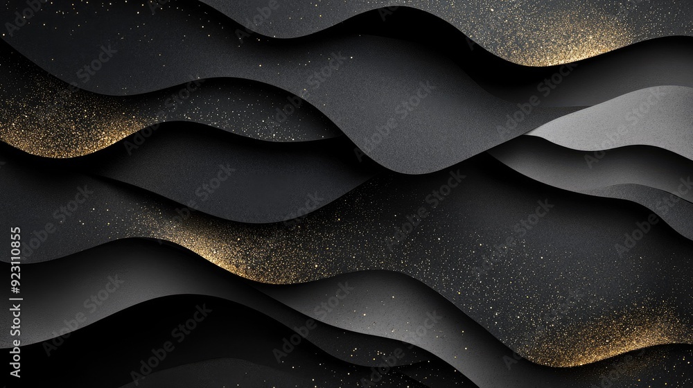 Poster Black paper layers with 3D geometric cuts and golden glittering elements, creating a modern and textured abstract background for creative projects.