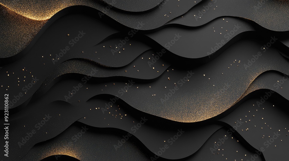 Poster Black paper layers with 3D geometric cuts and golden glittering elements, creating a modern and textured abstract background for creative projects.