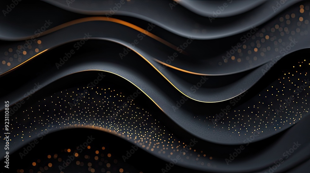 Poster Black paper layers with a 3D geometric design and golden glittering dots, creating a sleek and elegant abstract background for high-end graphics.