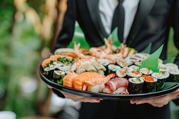 Gourmet Sushi Platter with Assorted Rolls and Nigiri Served by Waiter in Formal Attire