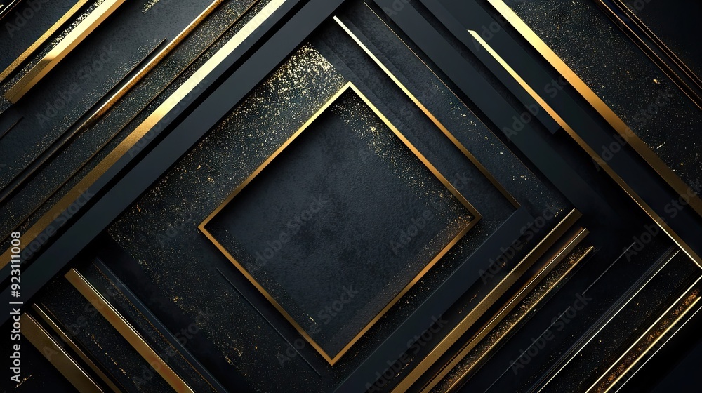 Poster black space with abstract gold arrow shapes and geometric patterns, offering a cutting-edge design i