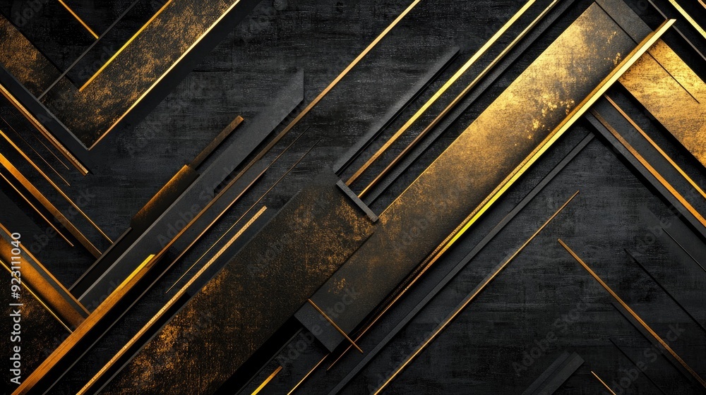 Poster black space with abstract gold arrow shapes and geometric patterns, offering a cutting-edge design i