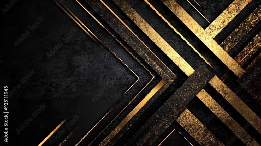 Poster Black space with abstract gold arrow shapes and geometric patterns, offering a cutting-edge design ideal for technology and luxury-themed visuals.