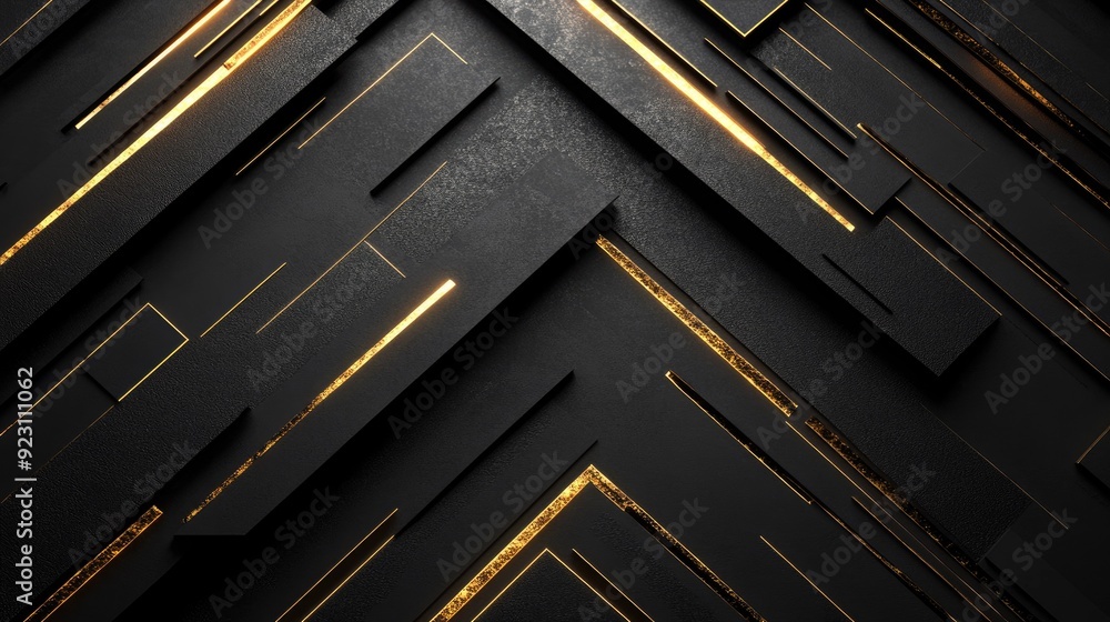 Poster Black space with abstract gold arrow shapes and geometric patterns, offering a cutting-edge design ideal for technology and luxury-themed visuals.