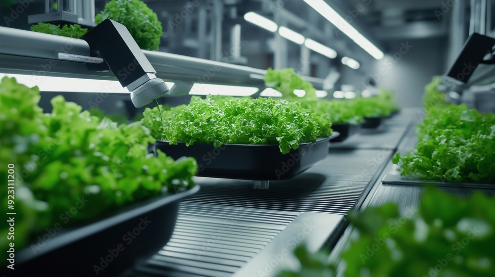 Poster a futuristic factory processing and packaging fresh leafy greens with precise automation