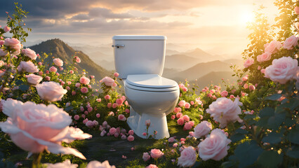there is a toilet in the middle of a field of flowers