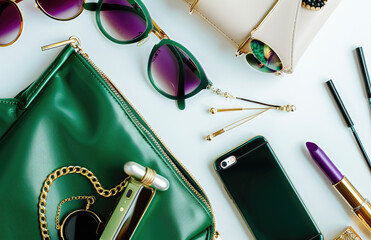 an elegant green handbag, sunglasses, and other accessories on a white background, including lipstick in the shape of rings, a gold ring bracelet with a purple diamond inlay, a golden watch face with