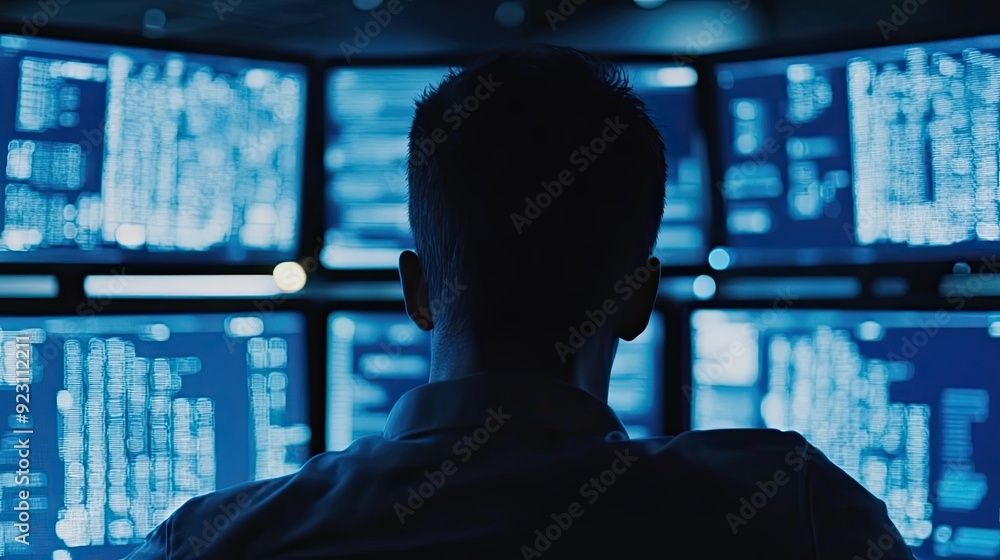 Aufkleber silhouette of a man sitting in front of multiple computer monitors with blue screens