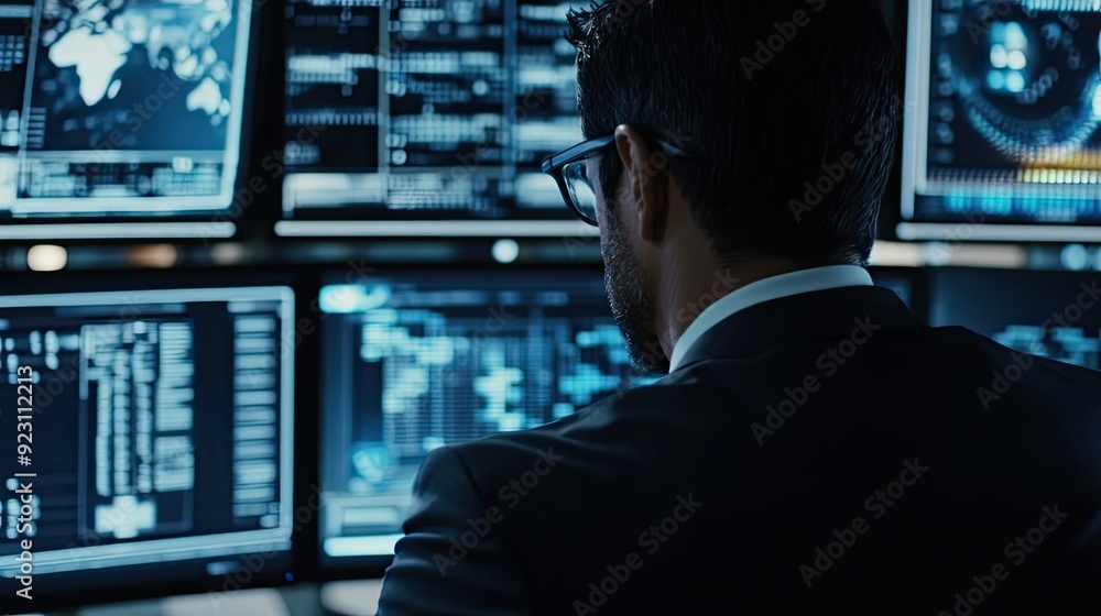 Poster man in suit looking at computer screens with data