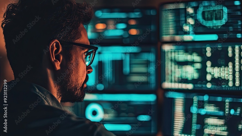 Poster a man looking at a computer screen filled with code