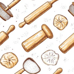 Seamless pattern of rolling pins and flour sifters