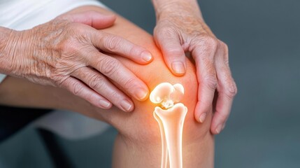 A close-up of an elderly person s hand gently massaging their knee, with an overlay of glowing bones, symbolizing the care and attention needed to maintain joint and bone health