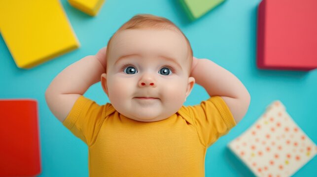 A vibrant scene of an infant during tummy time, lifting their head with determination, showcasing the importance of strengthening neck and shoulder muscles in early development