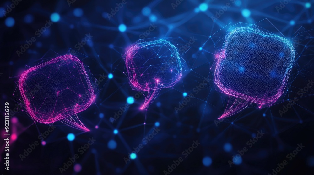 Poster communication concept on a dark blue polygonal background with glowing speech bubbles. ideal for e-c
