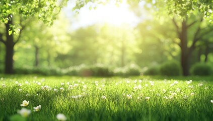 Fototapeta premium Lush Green Grass Warm Spring Sunlight Vibrant Meadow and Natural Landscape on a Sunny Day Background