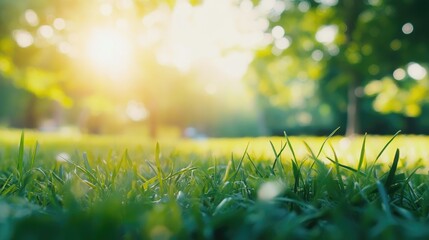 Lush Green Grass Warm Spring Sunlight Vibrant Meadow and Natural Landscape on a Sunny Day Background