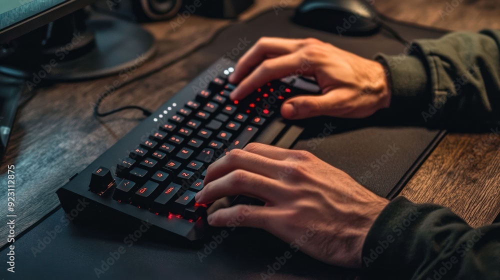 Poster hands typing on illuminated keyboard