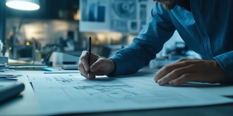 Naklejka premium businessman working in office, Focused Architect Designing a Modern Building Blueprint in a Creative Studio, Merging Innovation with Precision. 