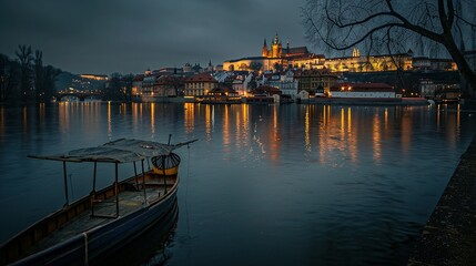 Fototapeta premium A lone boat moored near the illuminated cityscape of Prague at dusk