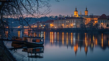 Boats Moored on a River at Dusk with Cityscape Reflections