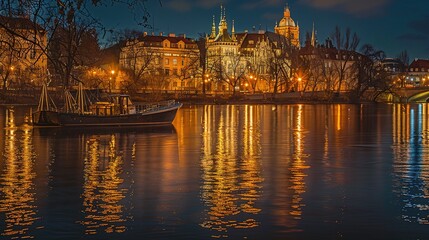 Nighttime View of a Boat on a River with City Lights Reflected in the Water