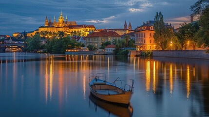 Fototapeta premium A Boat Moored on the Vltava River with Prague Castle in the Background at Sunset