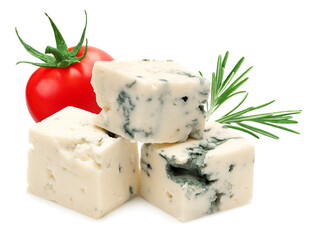 blue cheese with rosemary and tomato isolated on white background. clipping path