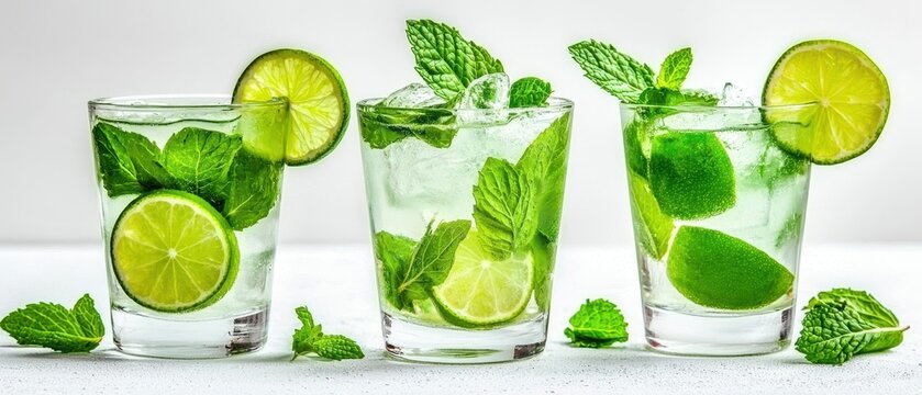 Refreshing mint and lime beverage served in clear glasses, perfect for summer gatherings and cocktail recipes.