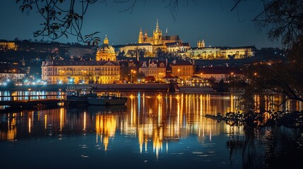 Prague Castle Illuminated at Night Reflecting in the Vltava River