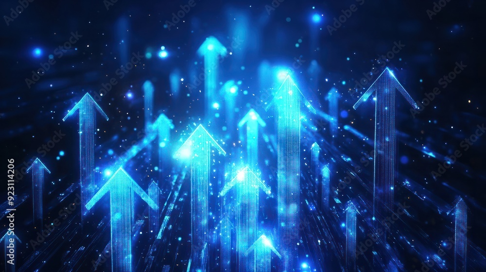 Poster abstract background with blue glowing arrows pointing upwards, representing growth and progress in t