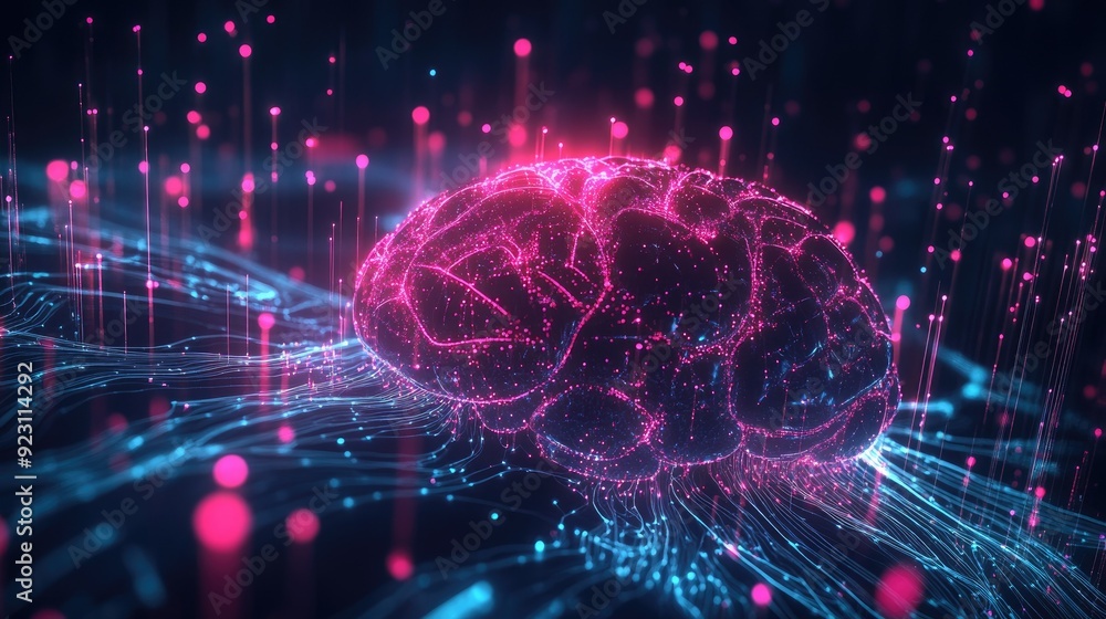 Poster digital 2d illustration of an ai brain with glowing connections and data flow. highlights machine le