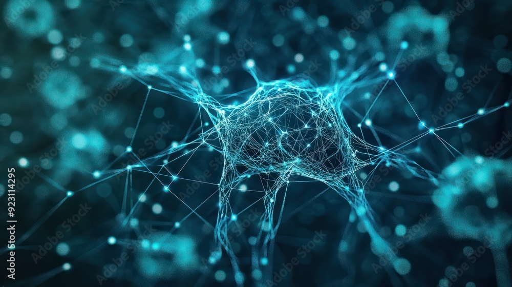 Poster abstract blue green technology background with a cyber network grid and connected particles artifici