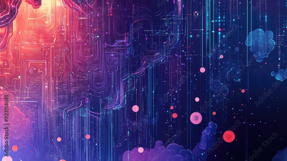 Poster digital big data illustration featuring futuristic technology and hand-drawn abstract art. highlight