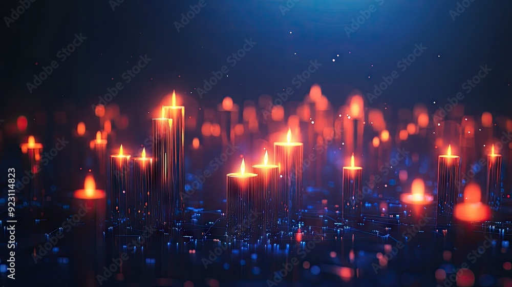 Poster dynamic 3d candlestick chart with glowing elements on a blue backdrop. represents financial markets 