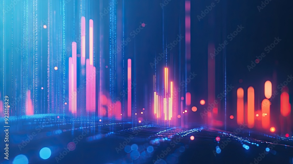 Poster dynamic 3d candlestick chart with glowing elements on a blue backdrop. represents financial markets 