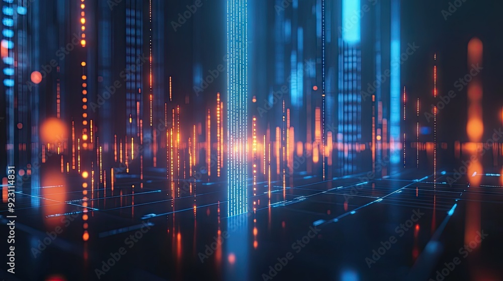 Poster dynamic 3d candlestick chart with glowing elements on a blue backdrop. represents financial markets 