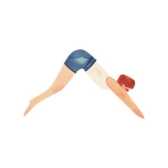 An athlete, a man in blue swimming trunks and a white T-shirt with brown hair, is jumping into the water. Watercolor illustration isolated for the design of diplomas and sports certificates