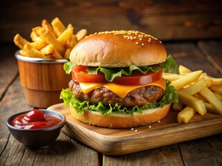 Classic beef hamburgers paired with golden crispy fries and creamy tangy sauce