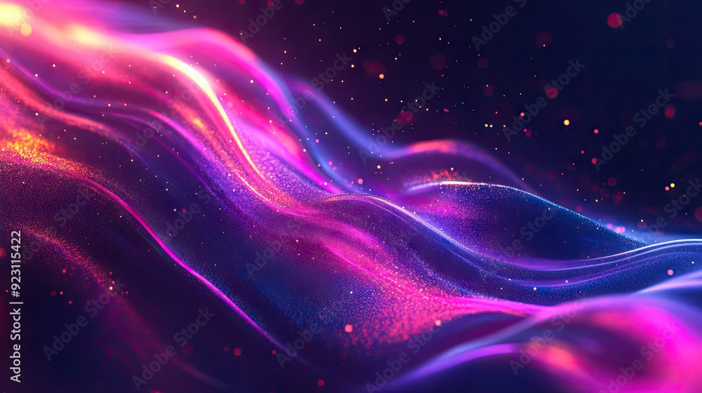 Poster dynamic liquid flow with glowing particles on a trendy fluid cover design. eps10 vector illustration