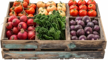 Vegetables in a wooden box isolated on white or transparent