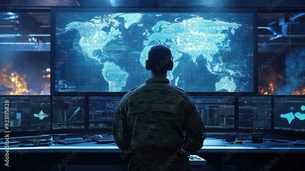 Aufkleber an operator monitors global network activity from a high-tech control room. military operations, int