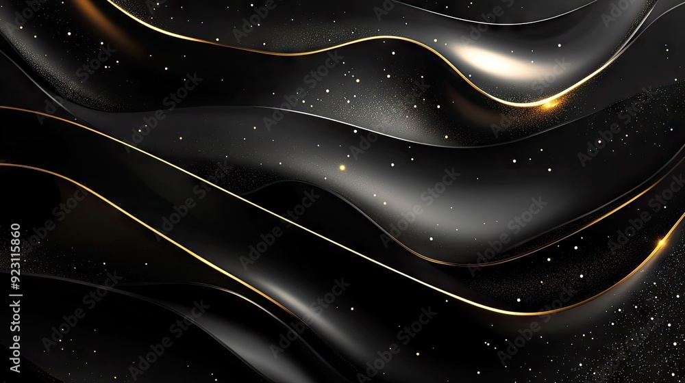 Poster elegant abstract black background in 3d with curved gold lines and sparkles, offering a luxurious te