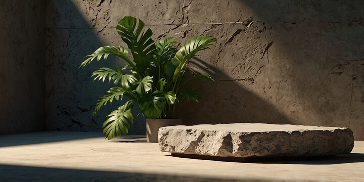 Creative minimal concept. Rock stone block podium with natural green foliage plant shadow background and natural sunlight.