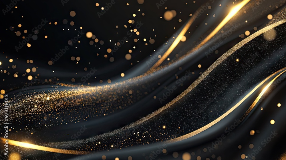 Poster elegant abstract black background in 3d with curved gold lines and sparkles, offering a luxurious te